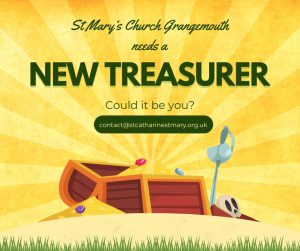 An image of an open treasure chest on a beach with the sun's rays behind it. Text on the image says: "St Mary's Church Grangemouth needs a NEW TREASURER. Could it be you?" In a green box is the email address contact@stcatharinestmary.org.uk